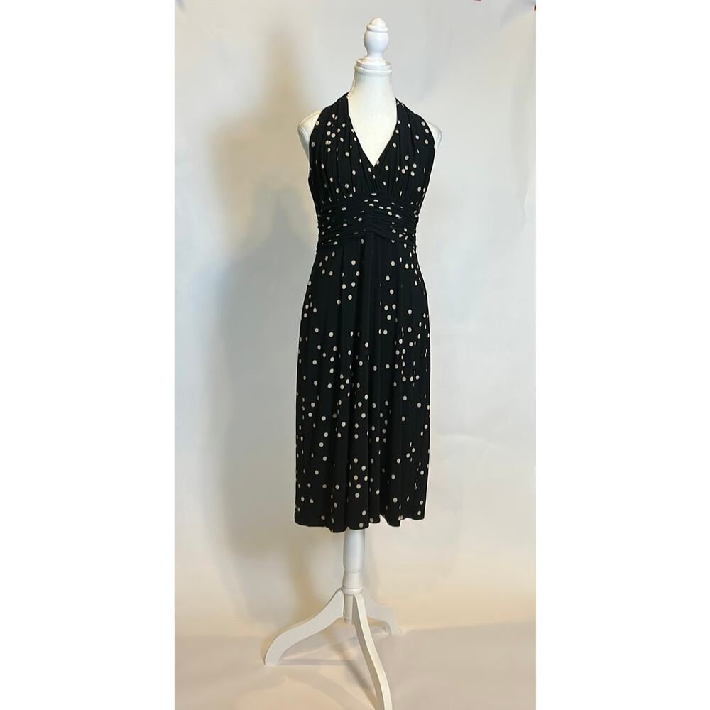 Evan Picone | Vintage Black Polka Dot Jersey Fit and Flare Midi Dress | 8